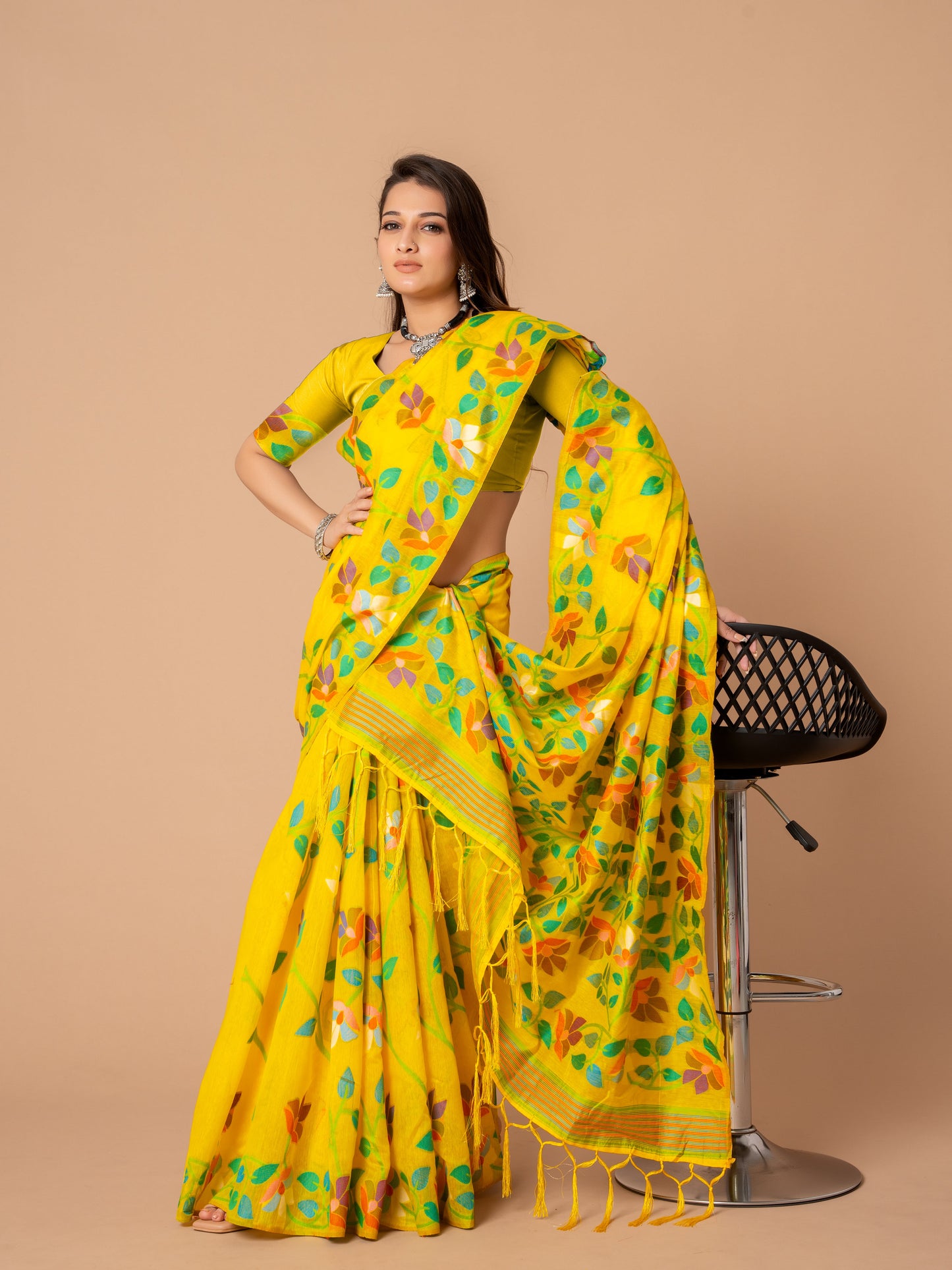 Amazing Yellow Color Cotton Jamdani Saree