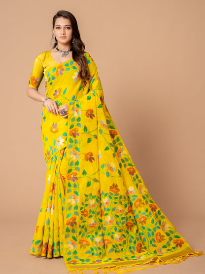 Amazing Yellow Color Cotton Jamdani Saree