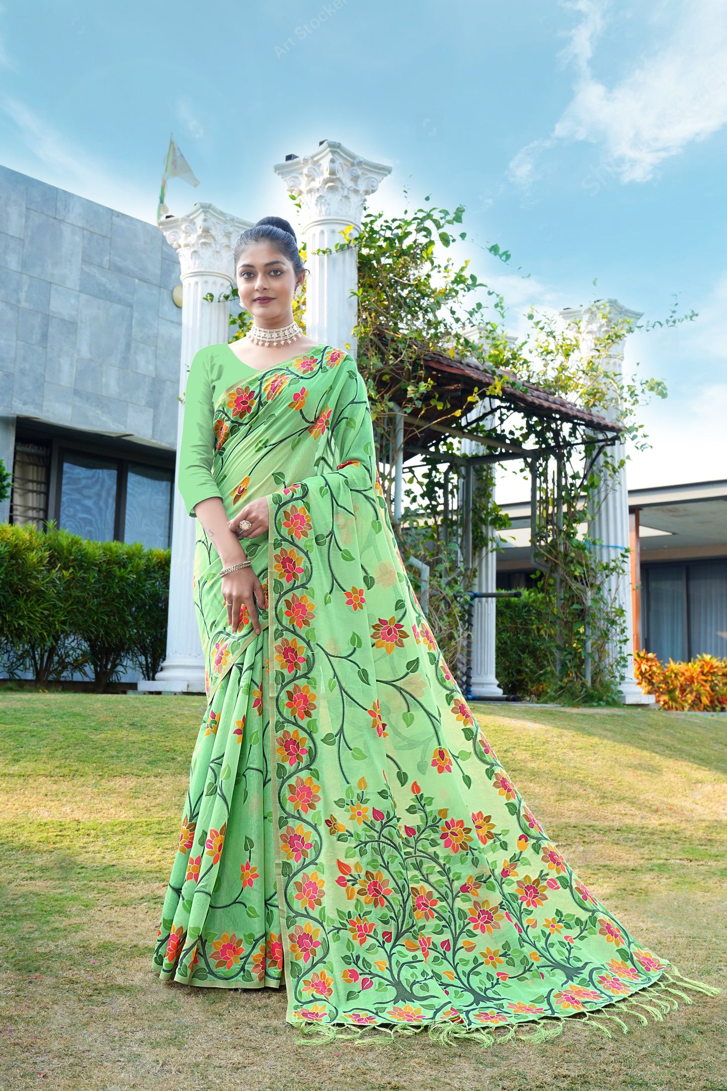 Soft cotton Green Color Jamdani Saree