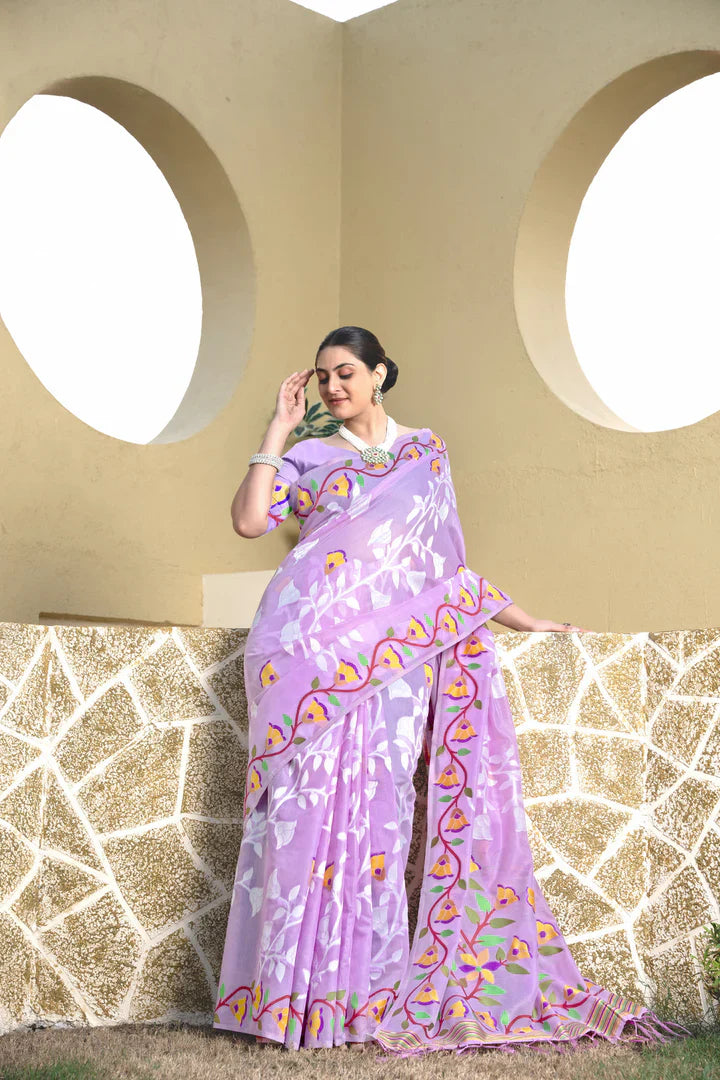 Lavender Cotton Kolkata Jamdani Saree