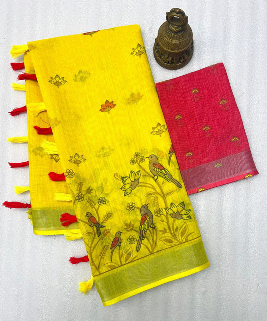 Yellow Linen Printed Casual Wear Saree