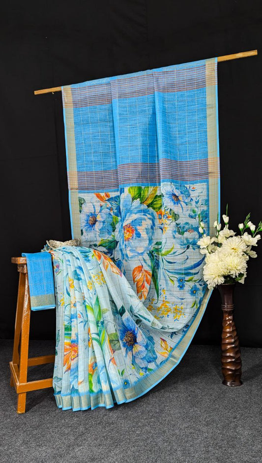 Sky Blue Linen Gold Zari Type Weaving Saree