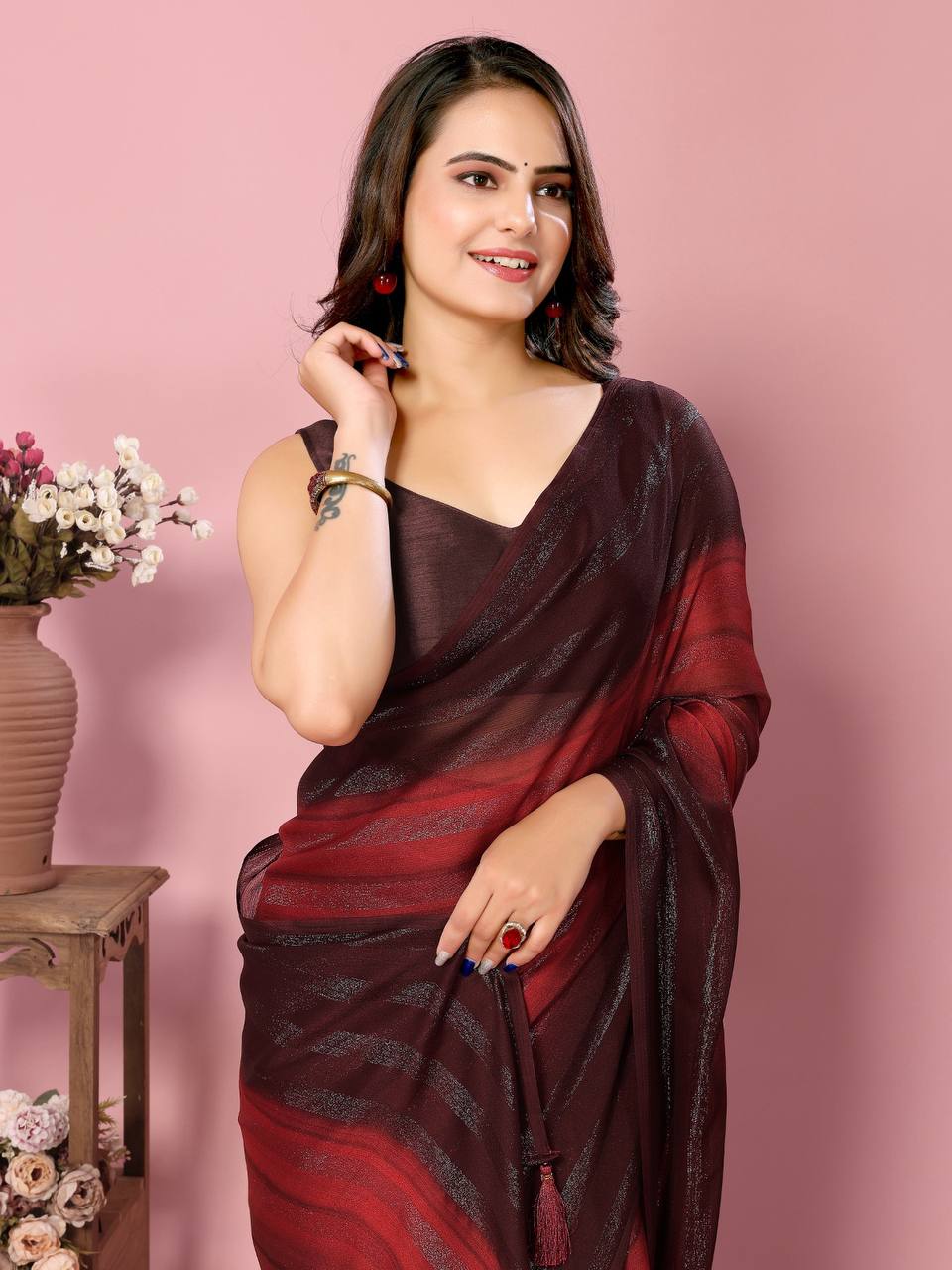 1-Minute Ready To Wear Rangoli Silk Saree (Maroon)