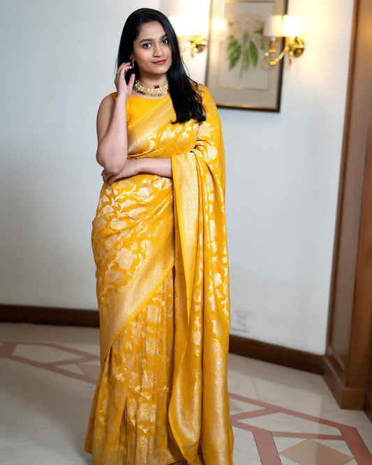 Mustard Soft Lichi Saree With Jacquard Blouse