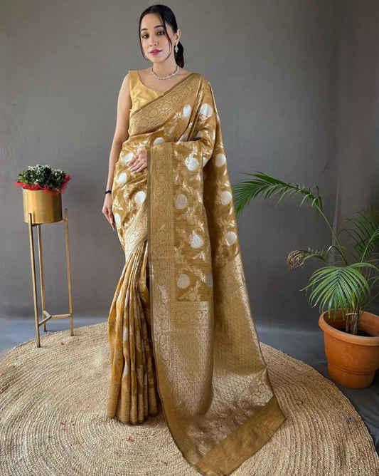 Mustard Soft Silk Banarasi Saree With Woven Motifs