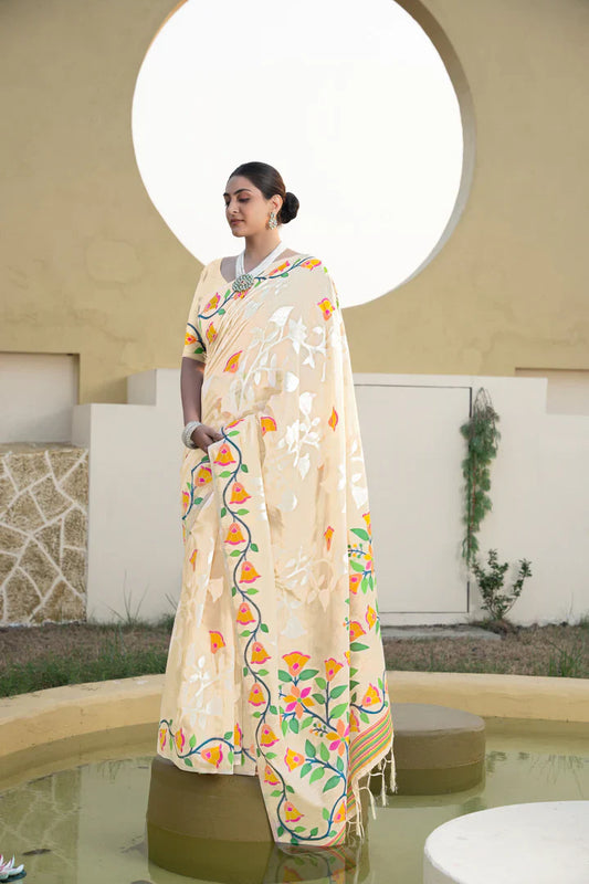 Off-White Cotton Jamdani Kolkata Weaving  Saree