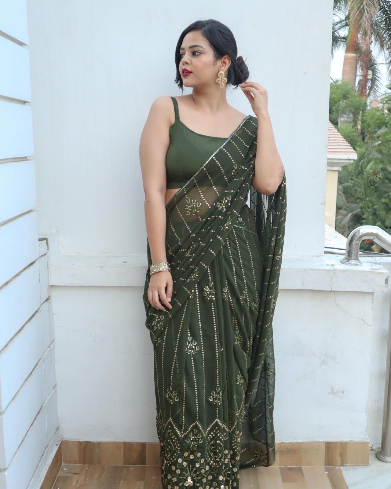 Olive Green Color Embroidery Sequence work Saree