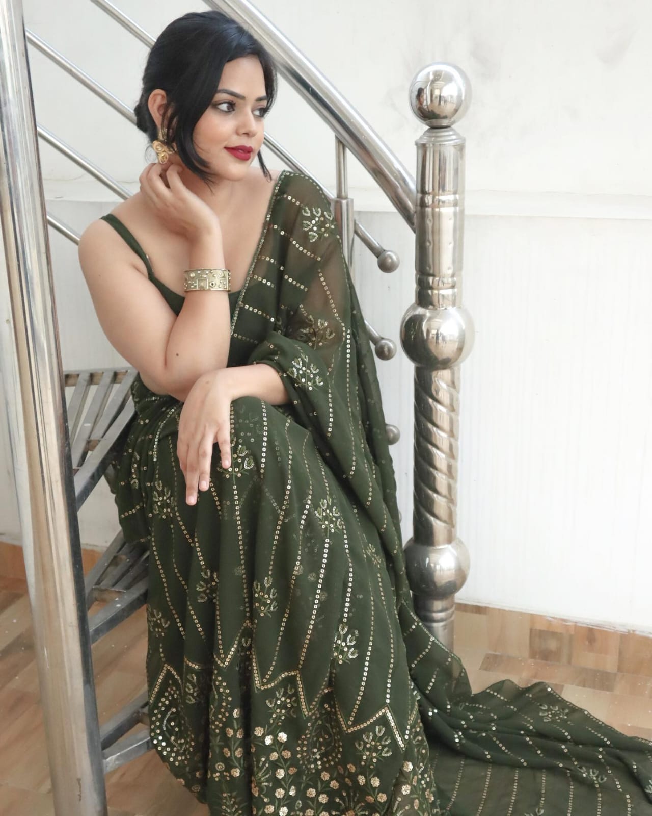 Olive Green Color Embroidery Sequence work Saree