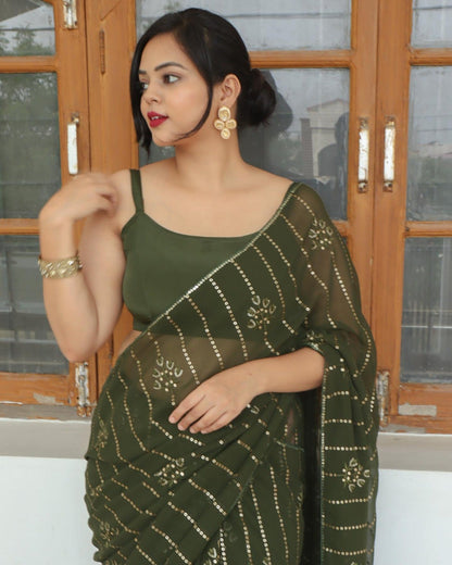 Olive Green Color Embroidery Sequence work Saree