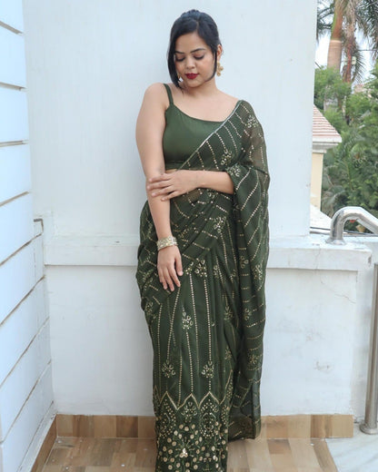 Olive Green Color Embroidery Sequence work Saree