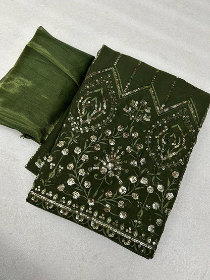 Olive Green Color Embroidery Sequence work Saree