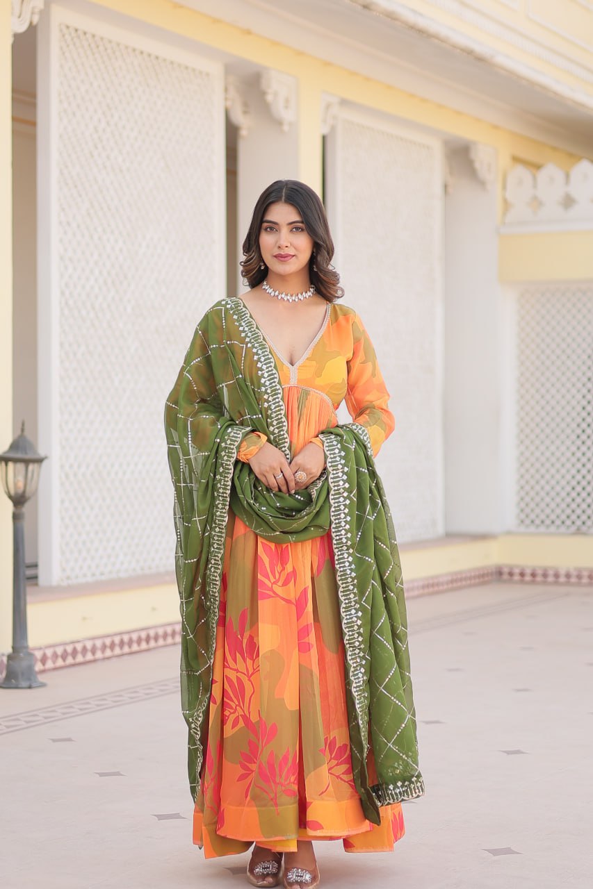 Orange Digital printed Russian silk Gown