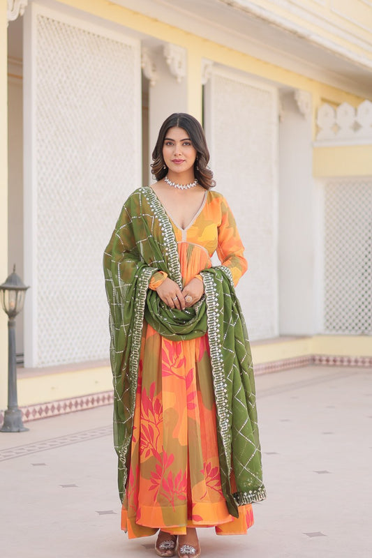 Orange Digital printed Russian silk Gown