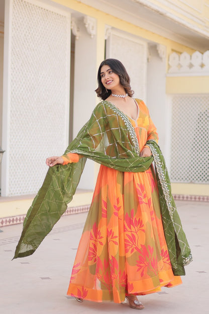 Orange Digital printed Russian silk Gown