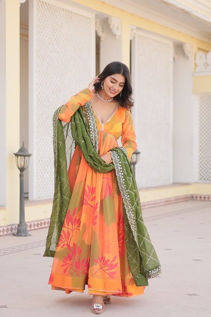 Orange Digital printed Russian silk Gown