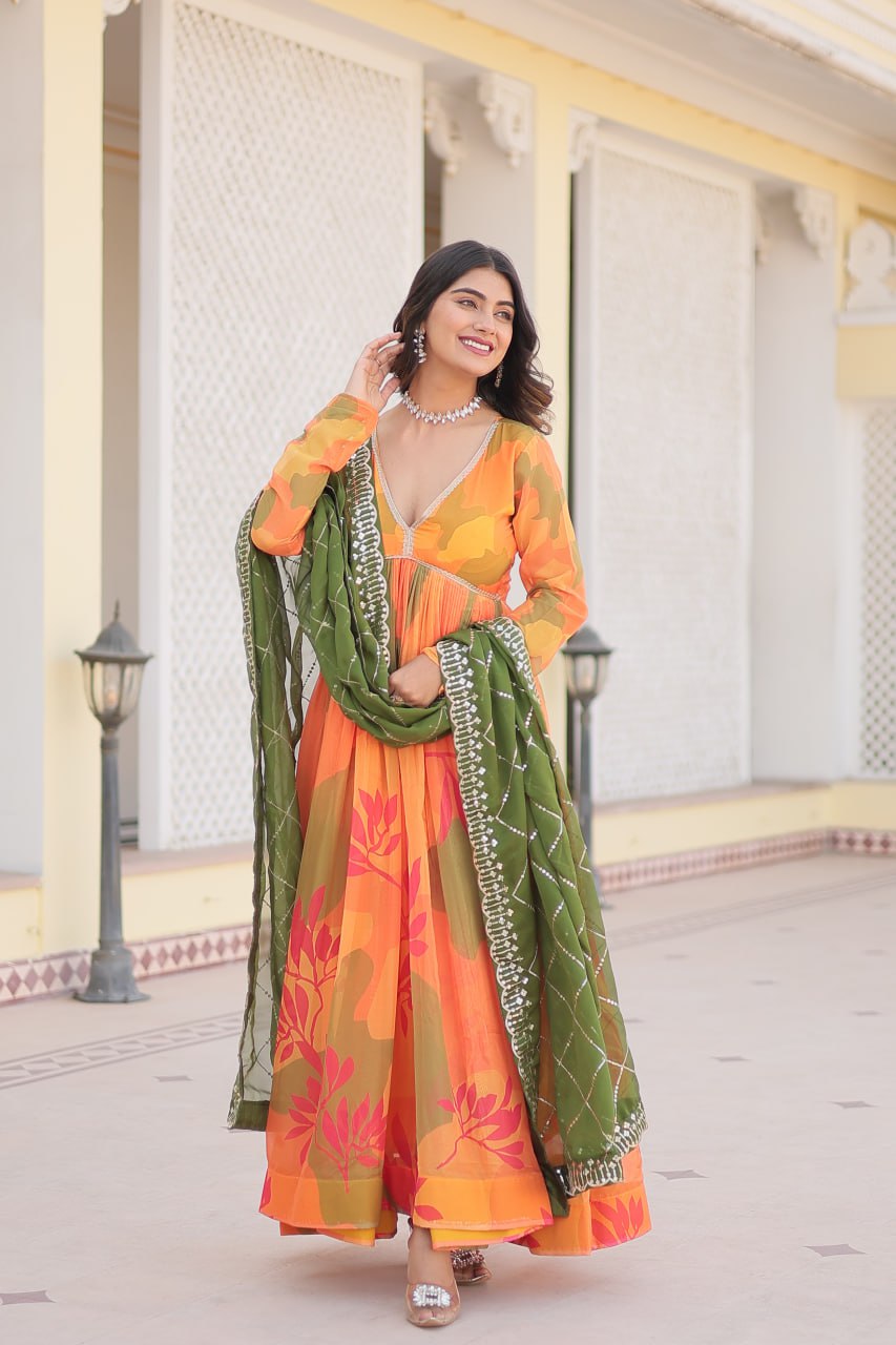 Orange Digital printed Russian silk Gown