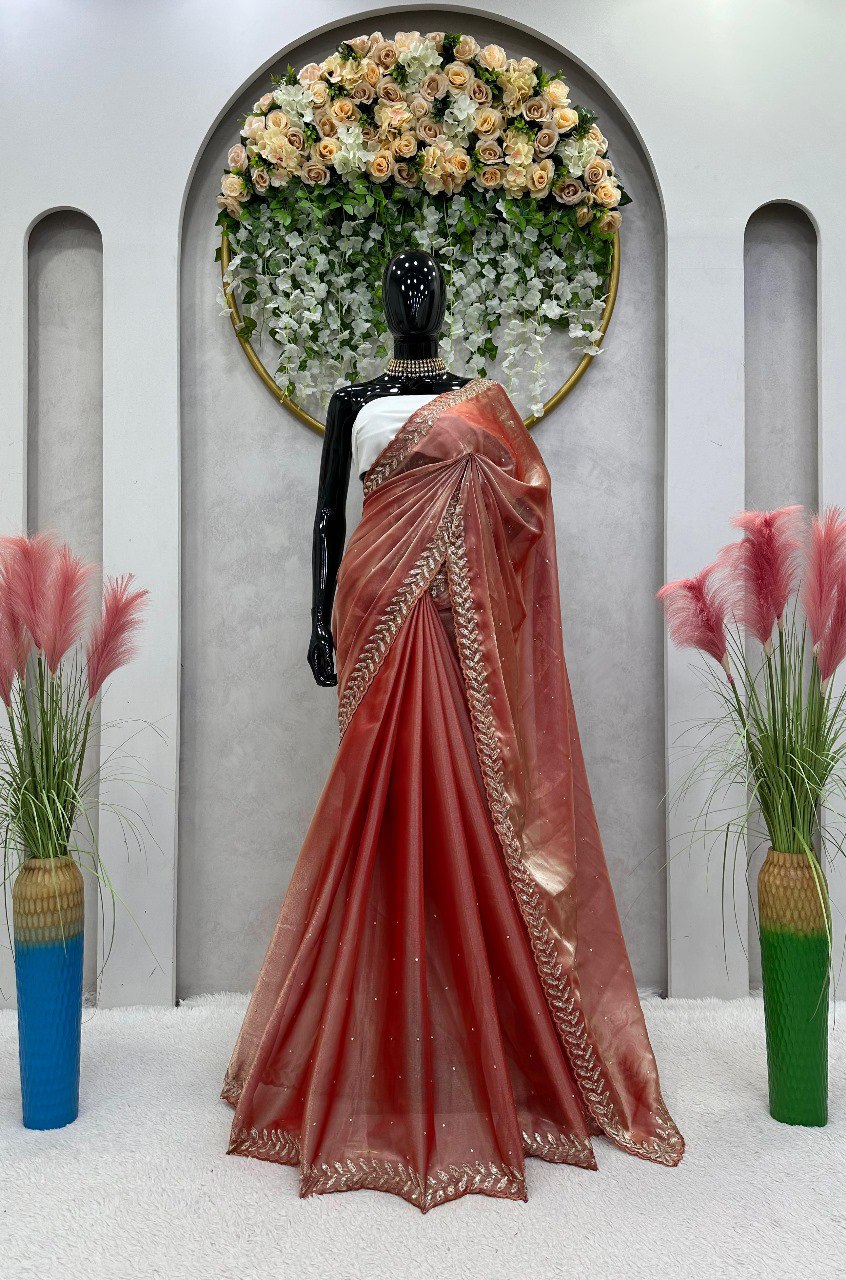 Peach Pure Soft Zimmy Choo Fabric Embroidery Saree