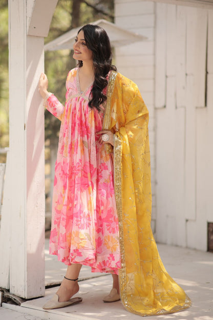 Pink Color Digital printed Russian Silk Party wear Gown