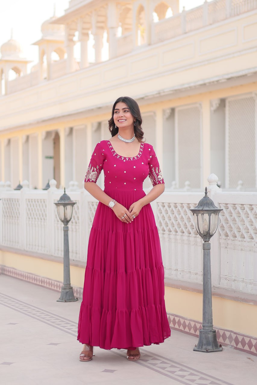 Beautiful Pink Color Fox Georgette Sequins work Gown