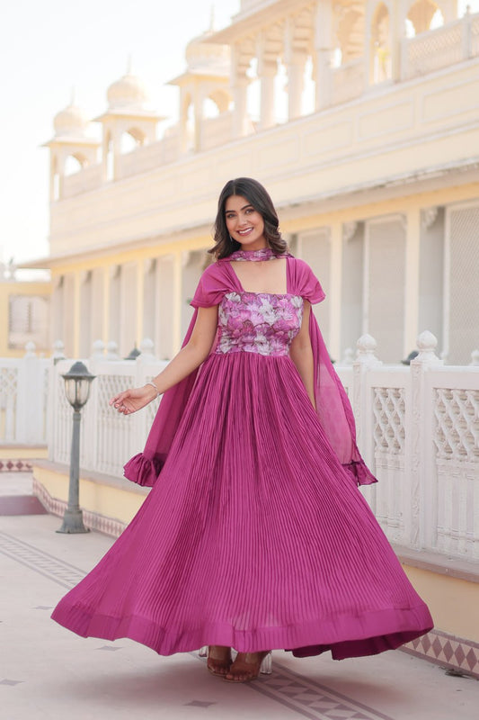 New Pink Color Fox Chinnon Crush Party Wear Gown