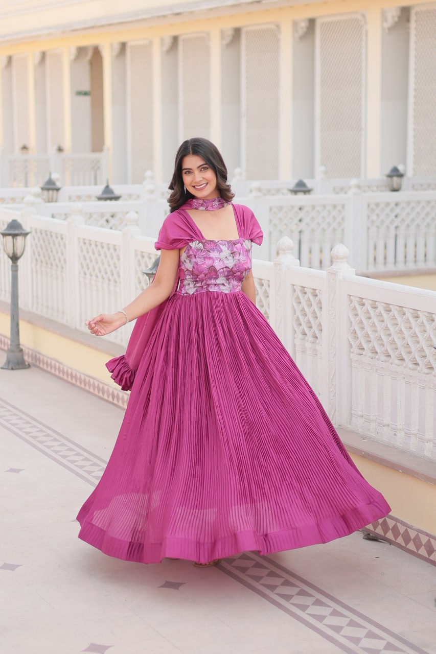 New Pink Color Fox Chinnon Crush Party Wear Gown