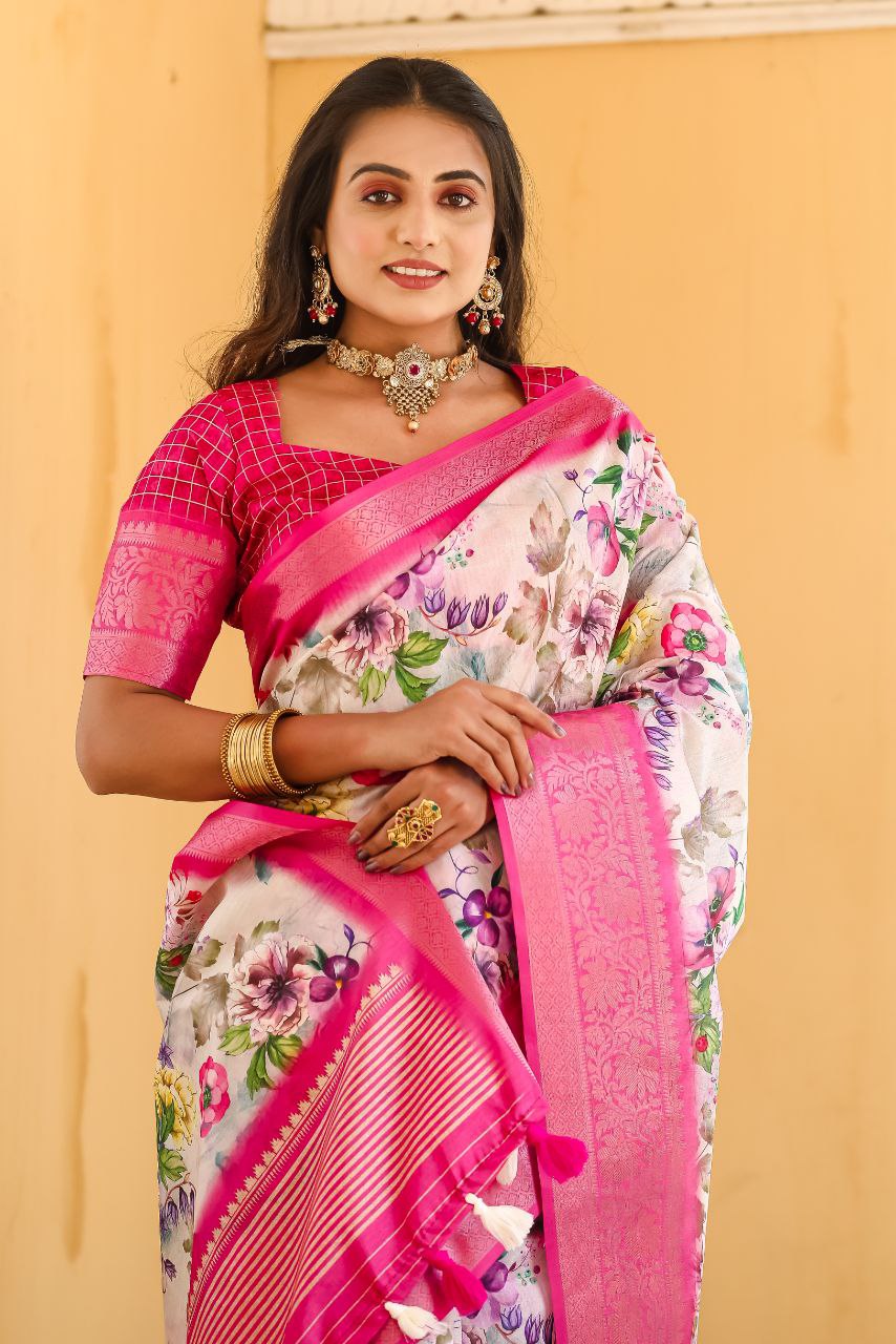 New Traditional Pink Color Dola Silk Saree