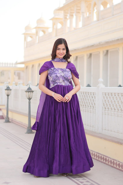 New Purple Color Fox Chinnon Crush Party Wear Gown