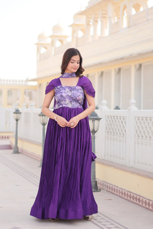 New Purple Color Fox Chinnon Crush Party Wear Gown