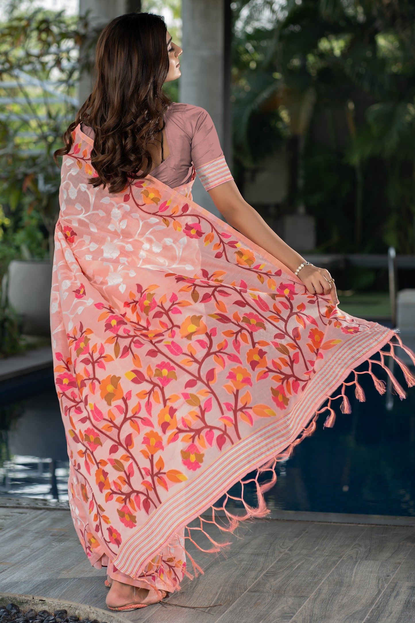 Claasic Ruhani Peach Color Cotton Jamdani Saree