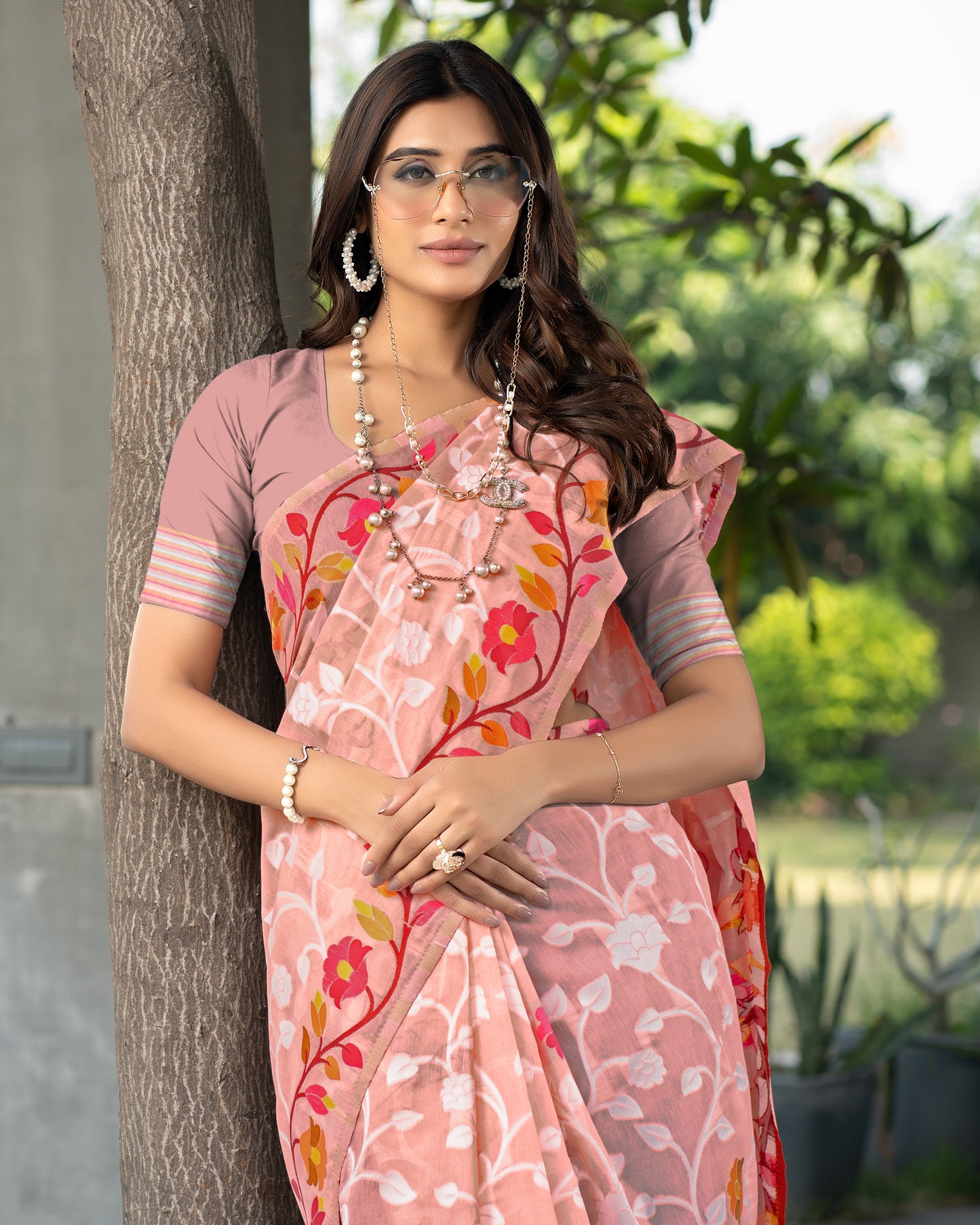 Claasic Ruhani Peach Color Cotton Jamdani Saree