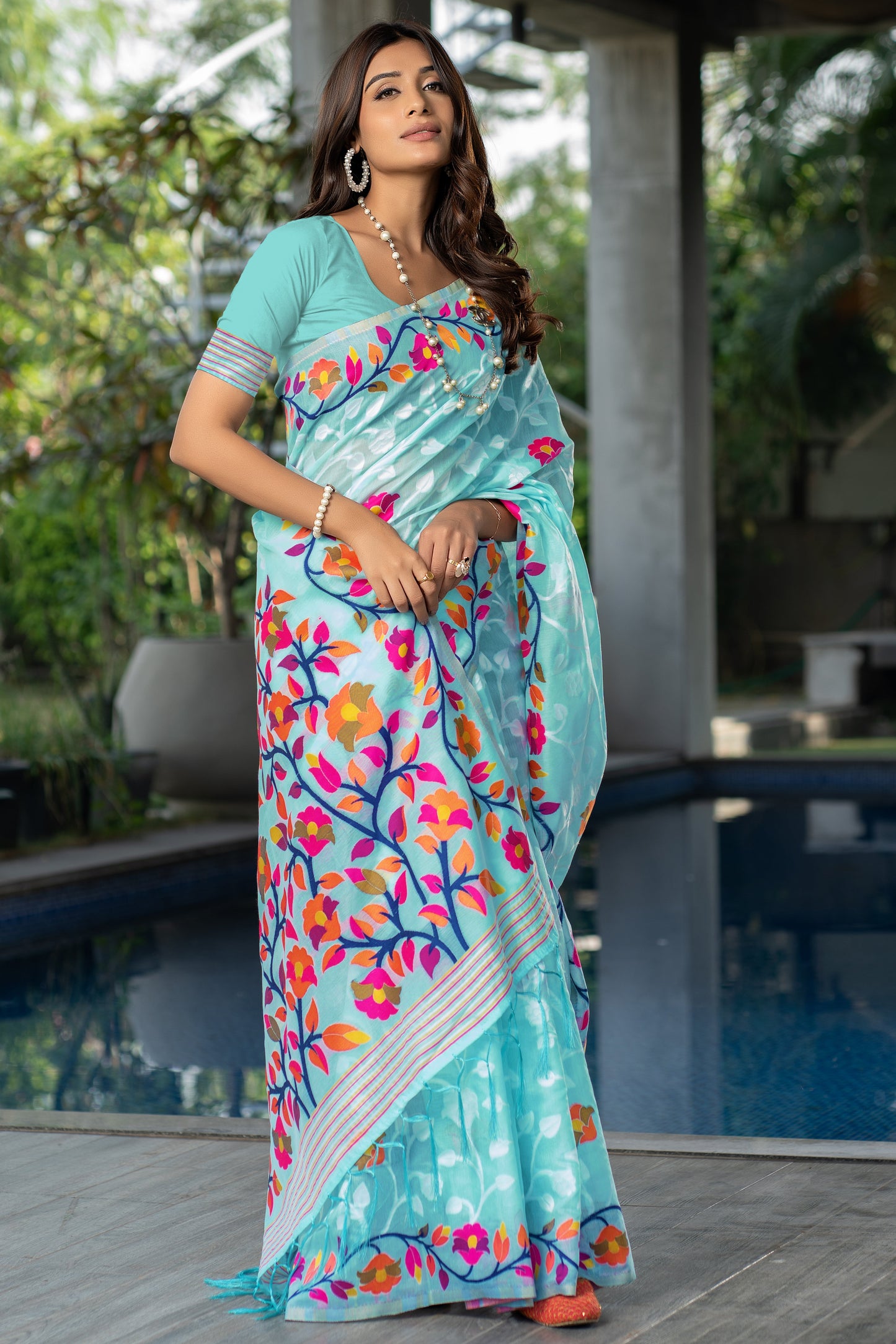 Claasic Ruhani Sky blue Color Cotton Jamdani Saree