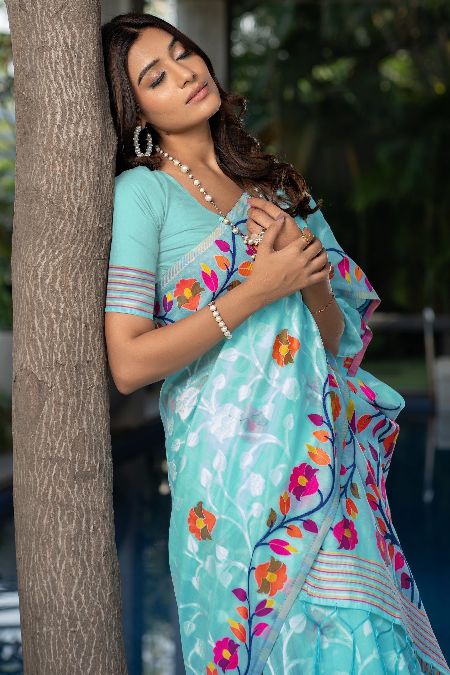 Claasic Ruhani Sky blue Color Cotton Jamdani Saree