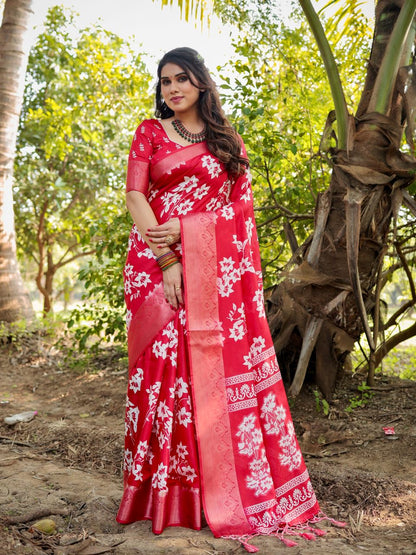 Red Pure Silk Digital Printed Saree