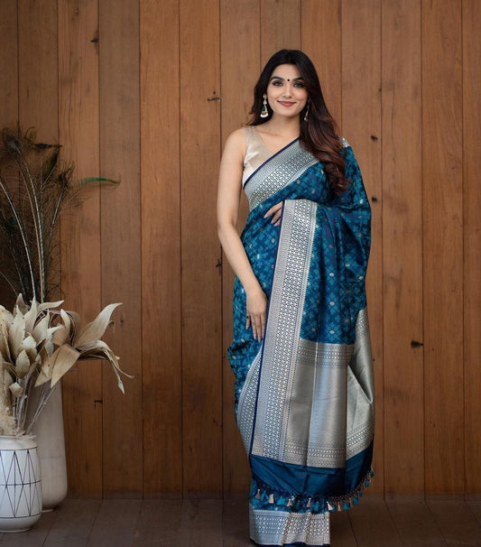 Teal Soft Lichi Silk Banarasi Saree