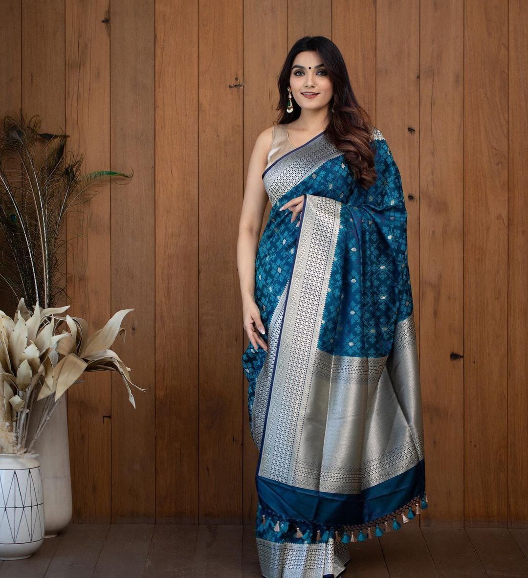 Teal Soft Lichi Silk Banarasi Saree