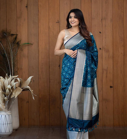 Teal Soft Lichi Silk Banarasi Saree