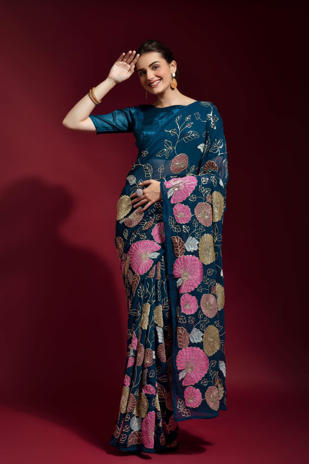 Teal Thread Floral Design & Sequins Embroidery Saree