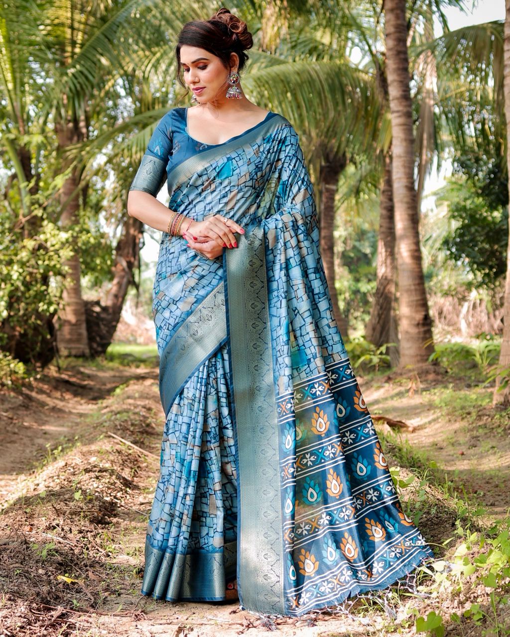 Turquoise Pure Silk Digital Printed Wedding Wear Saree