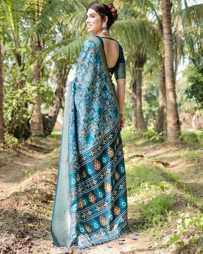 Turquoise Pure Silk Digital Printed Wedding Wear Saree