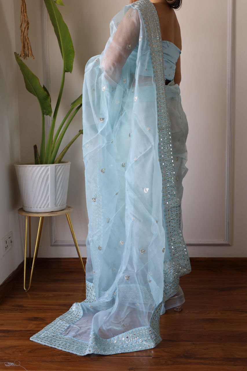 Turquoise Organza Silk Saree