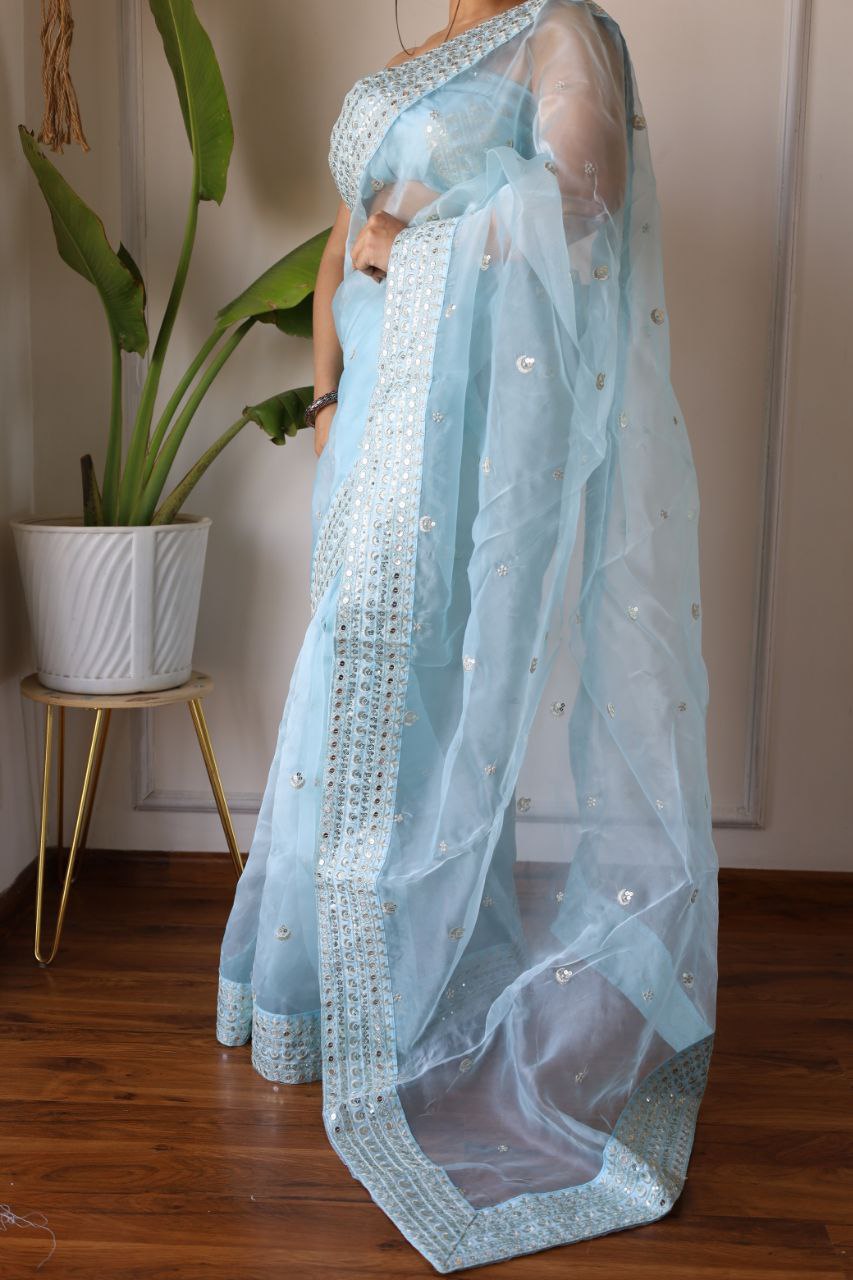 Turquoise Organza Silk Saree