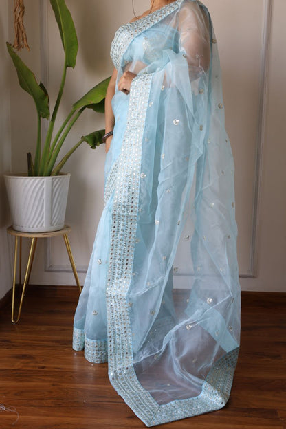 Turquoise Organza Silk Saree