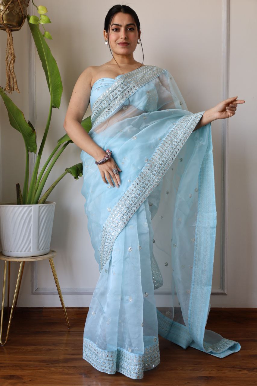 Turquoise Organza Silk Saree