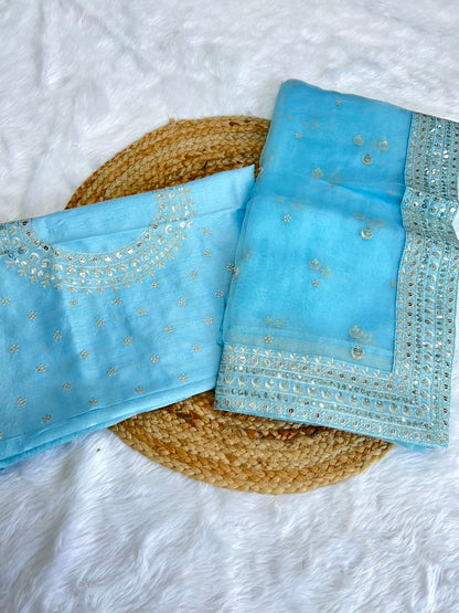 Turquoise Organza Silk Saree