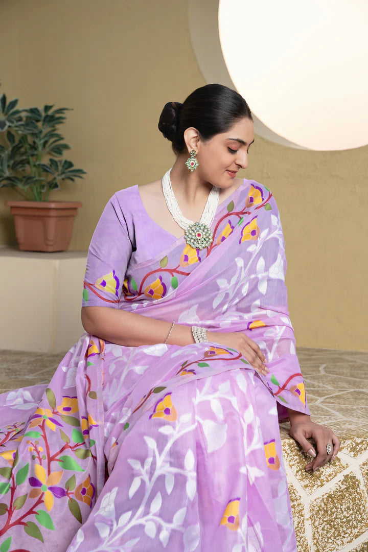 Lavender Cotton Kolkata Jamdani Saree