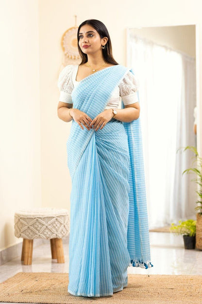 Turquoise Soft Linen Cotton Striped Saree