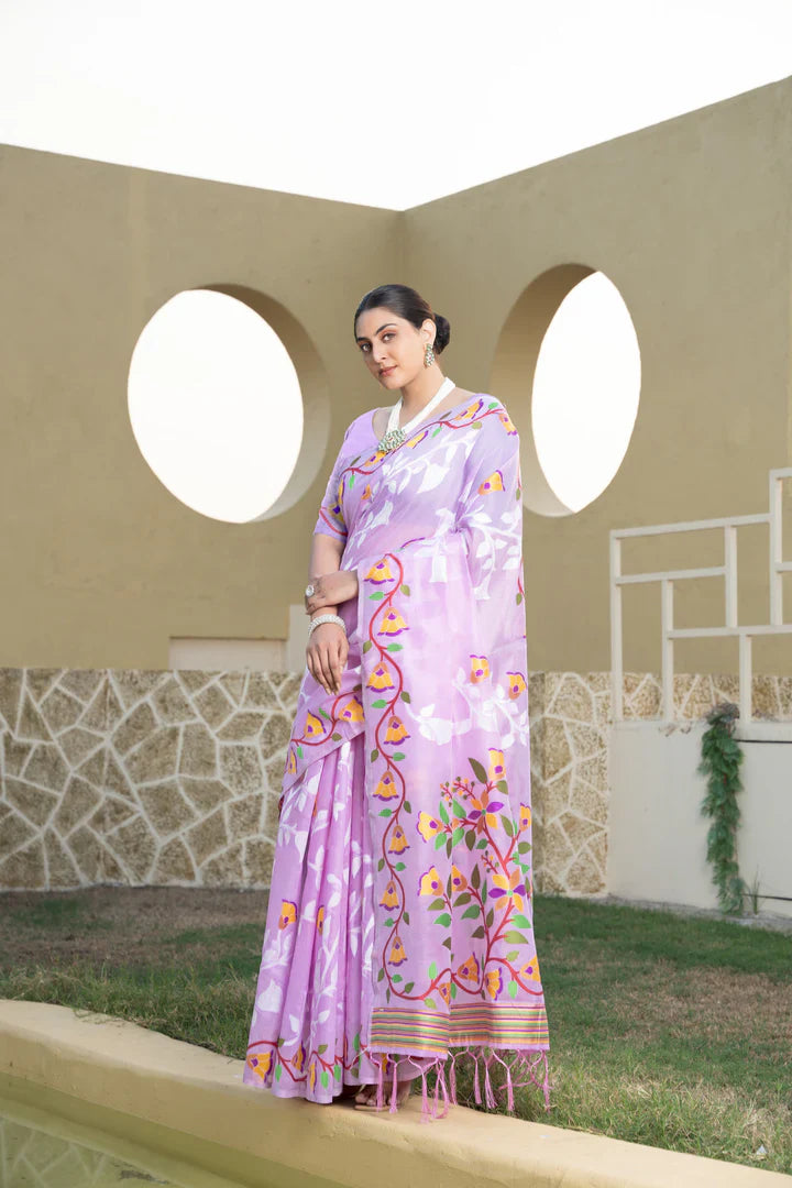 Lavender Cotton Kolkata Jamdani Saree