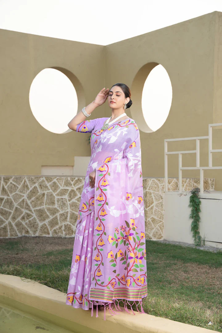 Lavender Cotton Kolkata Jamdani Saree