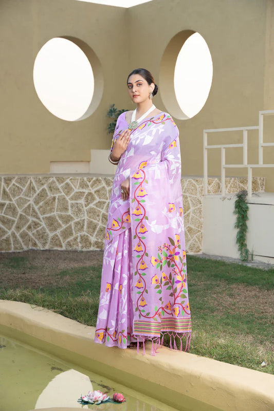 Lavender Cotton Kolkata Jamdani Saree