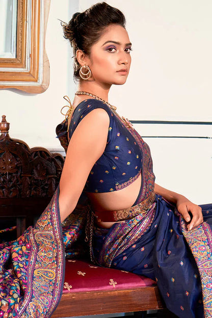 Regal Sapphire Navy Blue Ethnic Motif Silk Saree